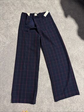 Maeve Navy Wide-Leg Pants with Red Grid Windowpane